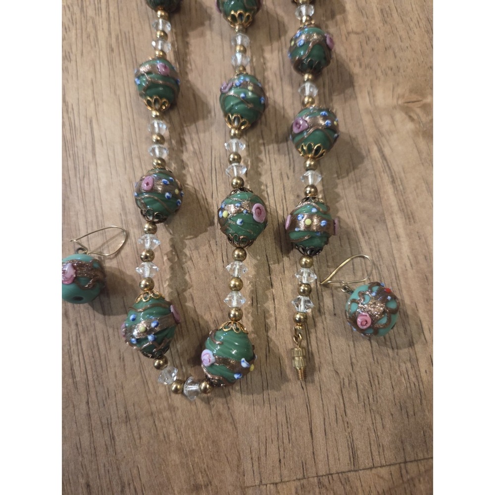 VTG Venetian Wedding cake rose glass bead jewelry set